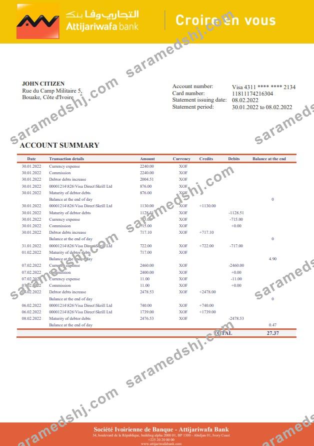 Cote d'Ivoire Attijariwafa bank statement